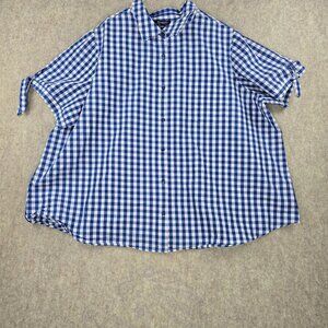 Roamans Womens Blue & White Gingham Button-Up Shirt With Tie Sleeves Size 28W Co